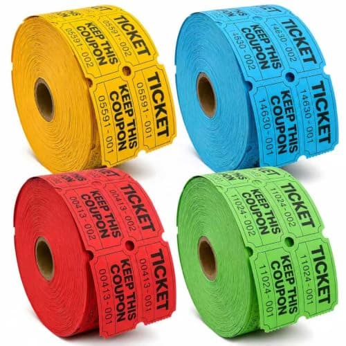 XXINMOH 4000 Pairs Double Raffle Tickets – 4 Assorted Colors (Pink, Blue, Red, Purple) – 1000 Pairs per Roll for Carnival, Fundraiser, Party, Event, Classroom, Lottery Drawing Prize Tickets for Raffle