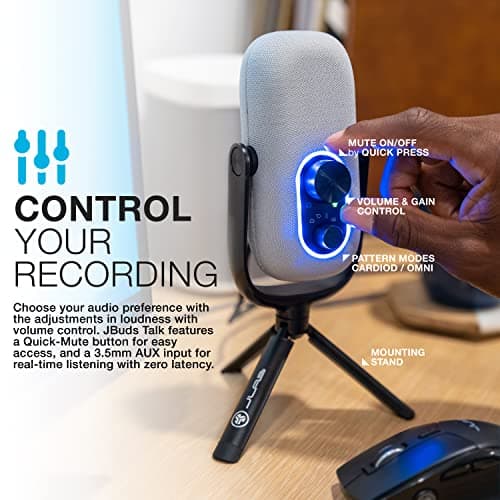 JLab JBuds Talk USB-C Microphone with Cardioid, Omni, Stereo, bi-Directional Modes, gain and Mute Controls, 3.5mm aux, White
