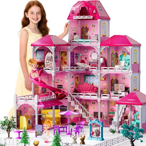 JUKUDAHU Villa Playset for Girls Ages 3-7, 4-Story 12 Room House with 2 Dolls, Furniture and Accessories, Indoor Playset Girls Toys for Ages 6-8, Pretend Toddler Toy, Birthday Gift