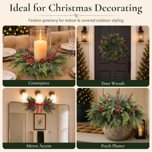 12 Artificial Christmas Cedar Branches, 17.5", with 3 Red Berry Picks | Real Touch Pine Stems with Red Berry Accents for Planters, Vases, Wreaths, Garlands, Mantels and Christmas Decor