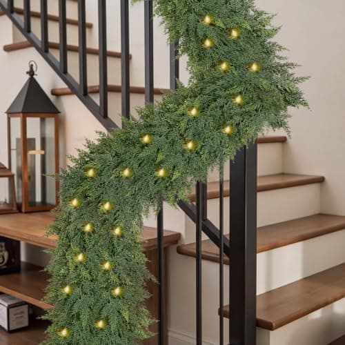9FT Christmas Garland with Lights, Extra Full Lighted Cedar Garland | Thick Pine Garland with 240 Layered Branches,Lifelike Two-Tone Foliage,Greenery for Staircase Mantle Fireplace Table Doorways