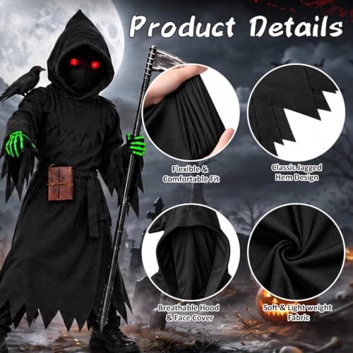 Lucky Merit 27 PCS Grim Reaper Halloween Costume for Kids Ages 5-12
