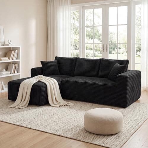 92.5" Modular Sectional Sofa, L-Shaped Cloud Couch with Deep Seats and Chaise, Upholstered Corduroy Boneless Couch for Living Room Small Space, No Need Assembly - Black(Left Facing
