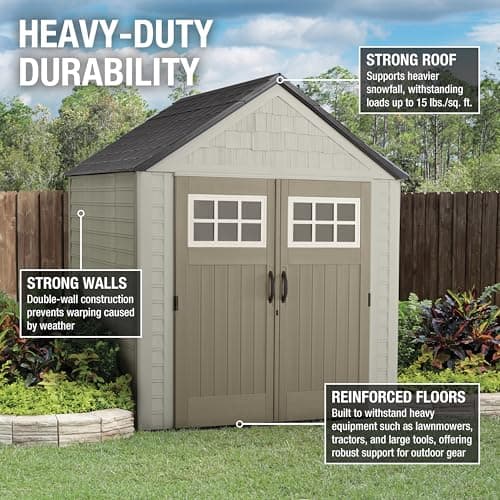 Rubbermaid 7 Foot by 7 Foot Weatherproof Outdoor Storage Shed for Garden Tools and Lawn Machinery Organization with Lockable Double Door Sandstone