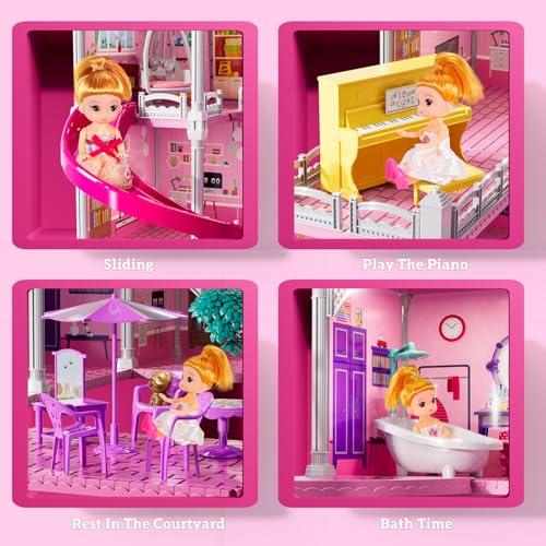 JUKUDAHU Villa Playset for Girls Ages 3-7, 4-Story 12 Room House with 2 Dolls, Furniture and Accessories, Indoor Playset Girls Toys for Ages 6-8, Pretend Toddler Toy, Birthday Gift