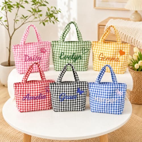 Bolso Tote KEQHAULI Personalizado a Cuadros Bordado con Nombre – Grande, Ligero y Versátil