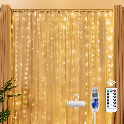 Brightown 300 LED Fairy Curtain Lights, 9.8ft x 9.8ft Warm White Curtain String Lights, USB Plug in 8 Lighting Modes Christmas Decoration, Hanging Lights with Remote