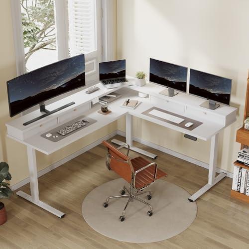 FLEXISPOT Escritorio Eléctrico Ajustable en L de 71" con Estante y Cajones, Blanco