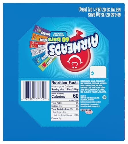 Airheads Full-Size Candy Bars, Assorted Taffy Variety Pack, 60 Count Box (S&S)