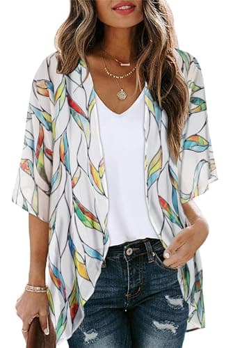 Womens Short Cardigans Casual Cover Up Open Front Kimono Tops Bathings Suit Shawl (White Colorful Leaves,M)