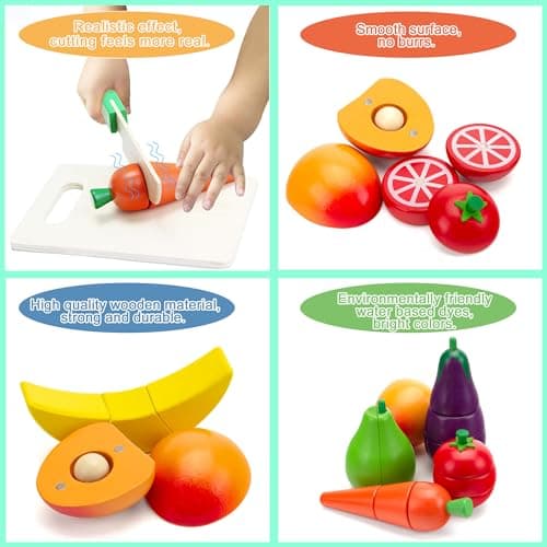 Wooden Play Food for Kids Kitchen, Fruit & Veggies Cutting Set for Toddlers