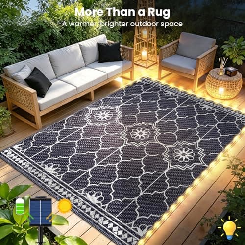 Tapete Iluminado Solar Exterior 8x10 pies con 113 LED, Impermeable y Reversible para Patio y Más (Azul/Blanco)