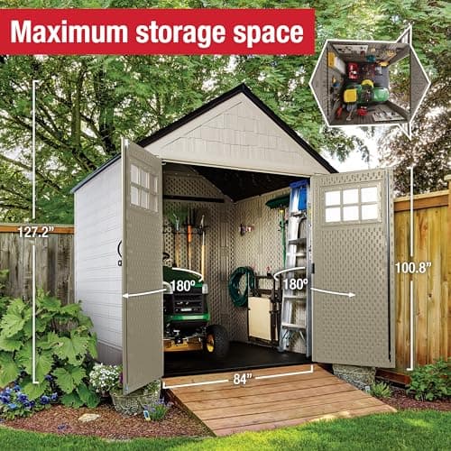 Rubbermaid 7 Foot by 7 Foot Weatherproof Outdoor Storage Shed for Garden Tools and Lawn Machinery Organization with Lockable Double Door Sandstone