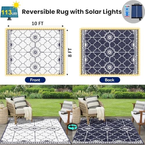 Tapete Iluminado Solar Exterior 8x10 pies con 113 LED, Impermeable y Reversible para Patio y Más (Azul/Blanco)