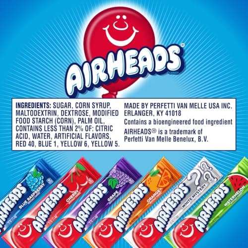 Airheads Full-Size Candy Bars, Assorted Taffy Variety Pack, 60 Count Box (S&S)