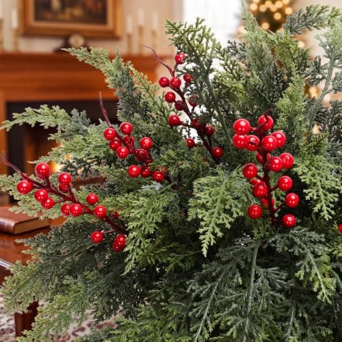 12 Artificial Christmas Cedar Branches, 17.5", with 3 Red Berry Picks | Real Touch Pine Stems with Red Berry Accents for Planters, Vases, Wreaths, Garlands, Mantels and Christmas Decor