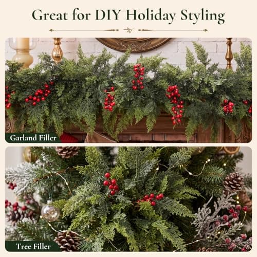 12 Artificial Christmas Cedar Branches, 17.5", with 3 Red Berry Picks | Real Touch Pine Stems with Red Berry Accents for Planters, Vases, Wreaths, Garlands, Mantels and Christmas Decor