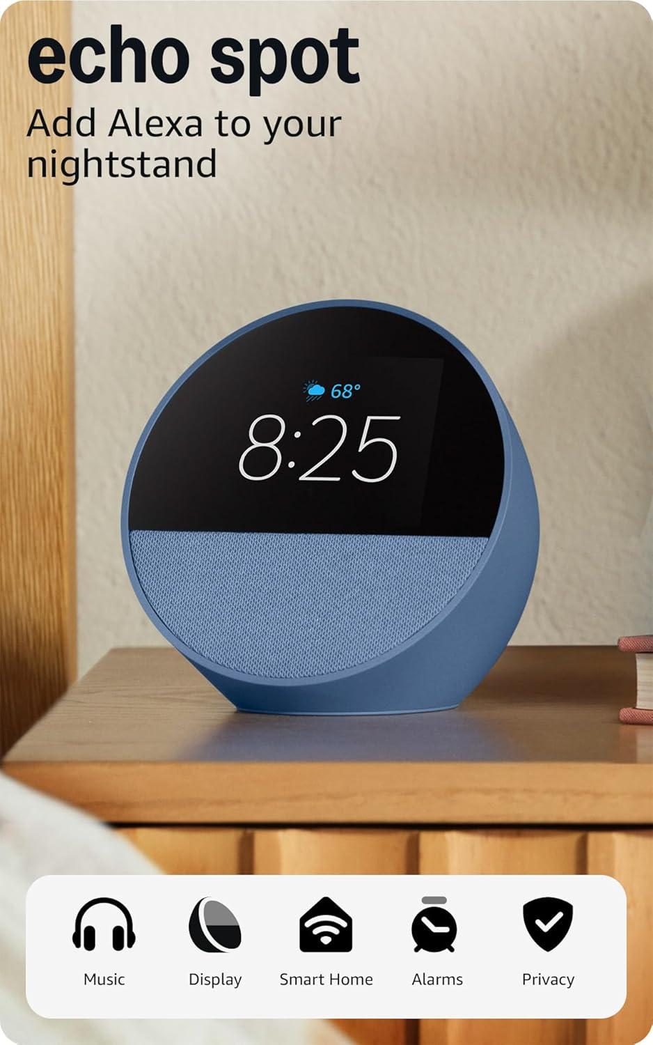 Amazon Echo Spot (newest model), Great for nightstands, offices and kitchens