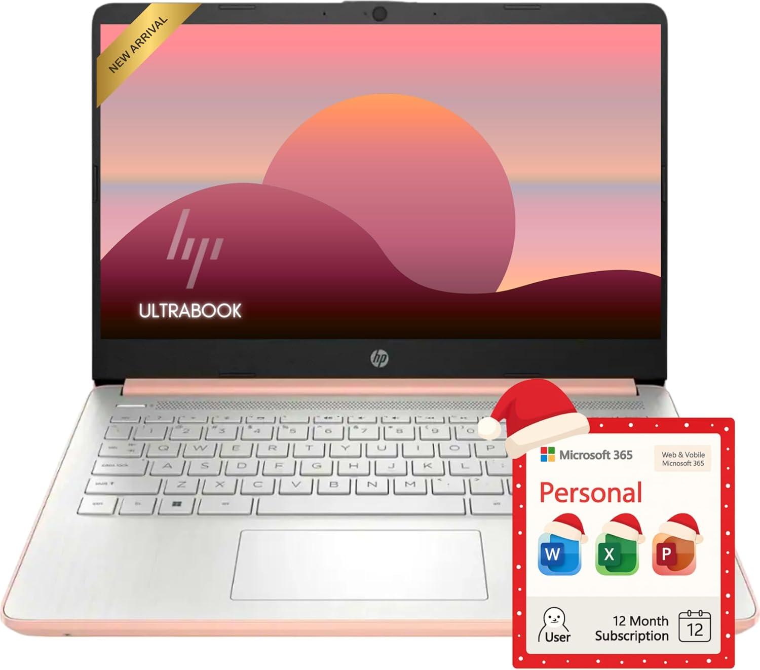 HP Rose Gold Ultrabook 14 Laptop with Office 365, Intel 4-Core CPU, 1.1TB Storage (1TB OneDrive and 64GB Emmc), 8GB RAM, Windows 11