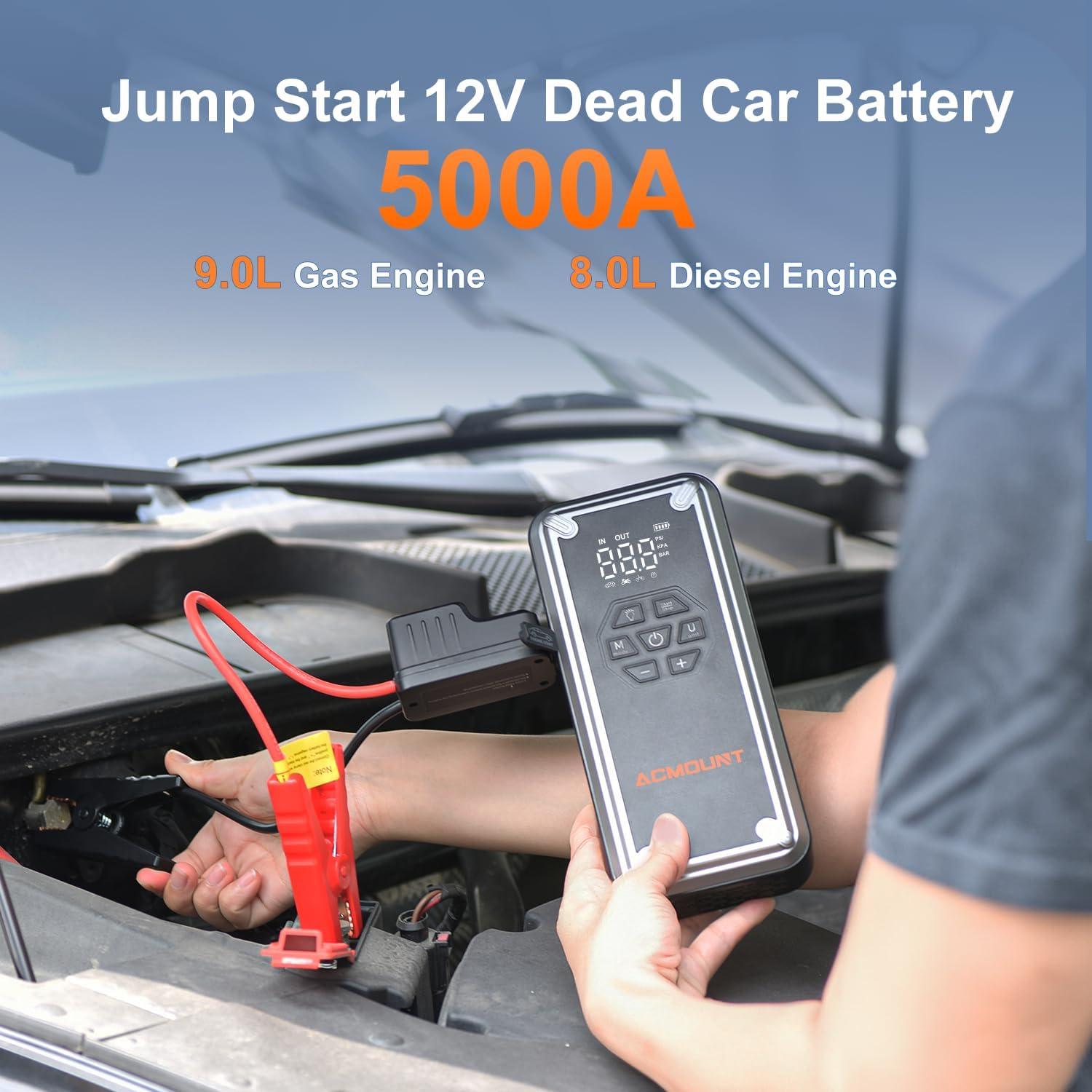 Acmount W160 Jump Starter with Air Compressor, 5000A Portable Car Jump Starter 150PSI Tire Inflator/Air Pump, 12V Battery(Up to 9L Gas/8L Diesel Engine) Jump Pack