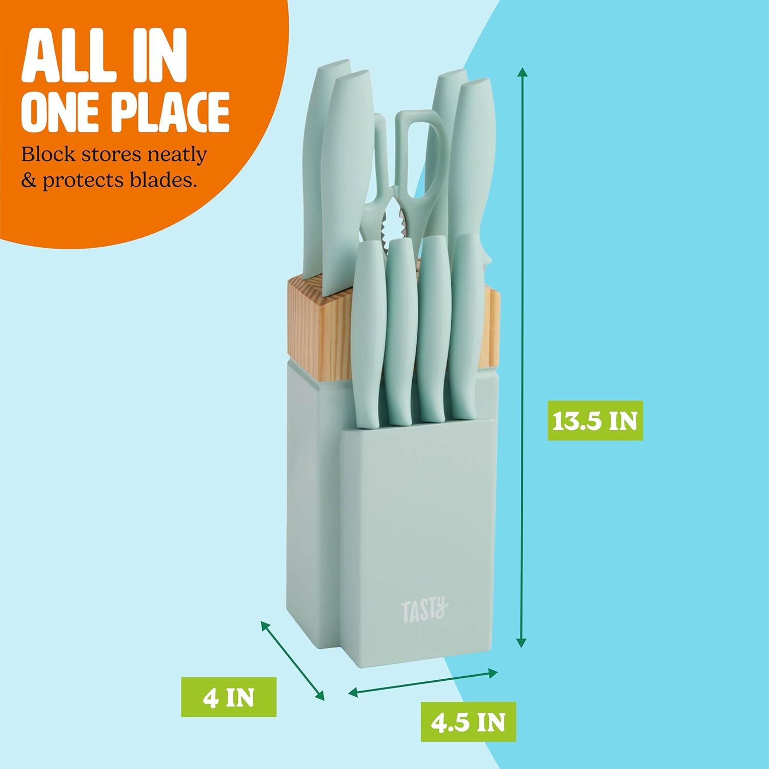 Tasty Kitchen Knife Set with Block, Cutlery Set includes Chef, Bread, Utility, Paring, Steak Knives & Shears, 10-Piece, Aqua