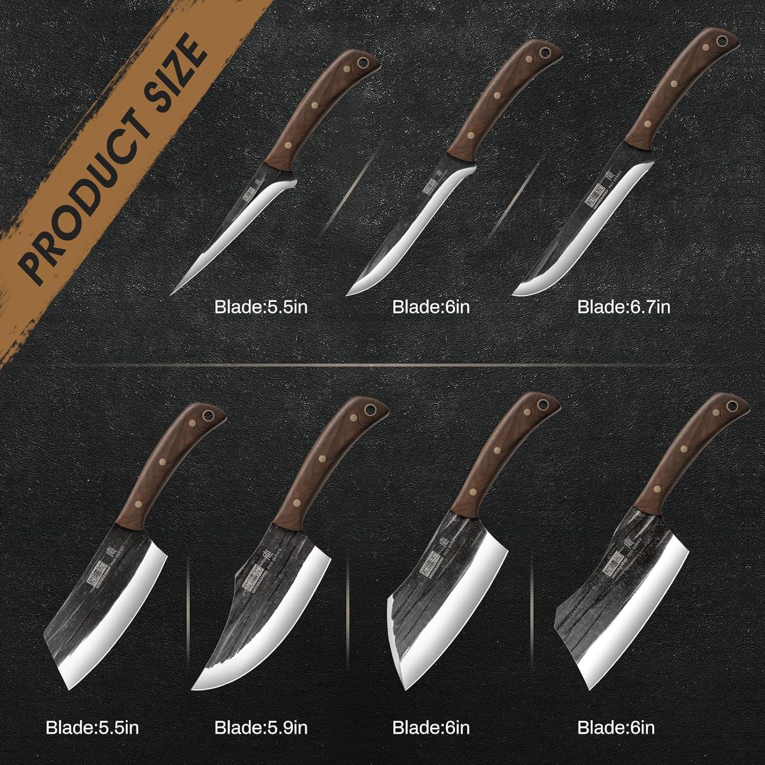 HOSHANHO Butcher Knife Set, Hand Forged Butcher Chef Knife Set with Roll Bag, Sharp Meat Cleaver Knife & Bone Chopper Knives & Fillet Knives