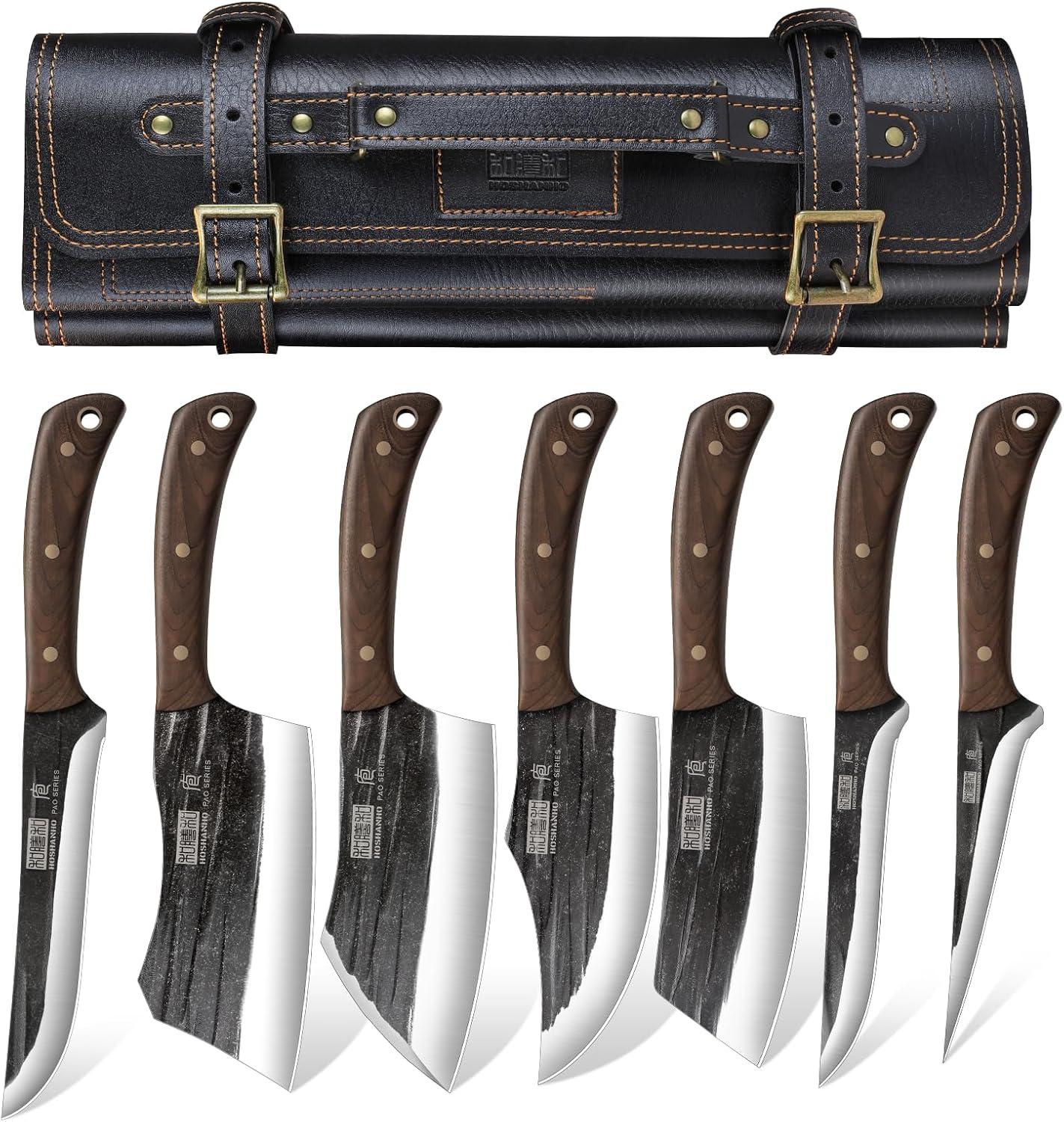 HOSHANHO Butcher Knife Set, Hand Forged Butcher Chef Knife Set with Roll Bag, Sharp Meat Cleaver Knife & Bone Chopper Knives & Fillet Knives