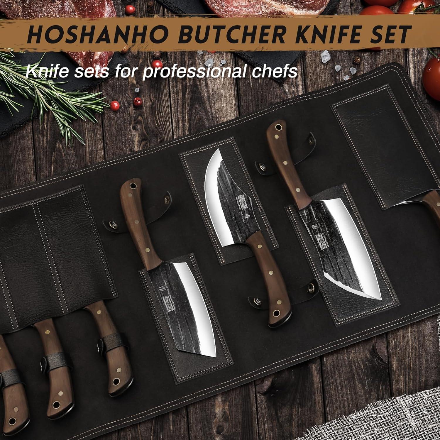 HOSHANHO Butcher Knife Set, Hand Forged Butcher Chef Knife Set with Roll Bag, Sharp Meat Cleaver Knife & Bone Chopper Knives & Fillet Knives