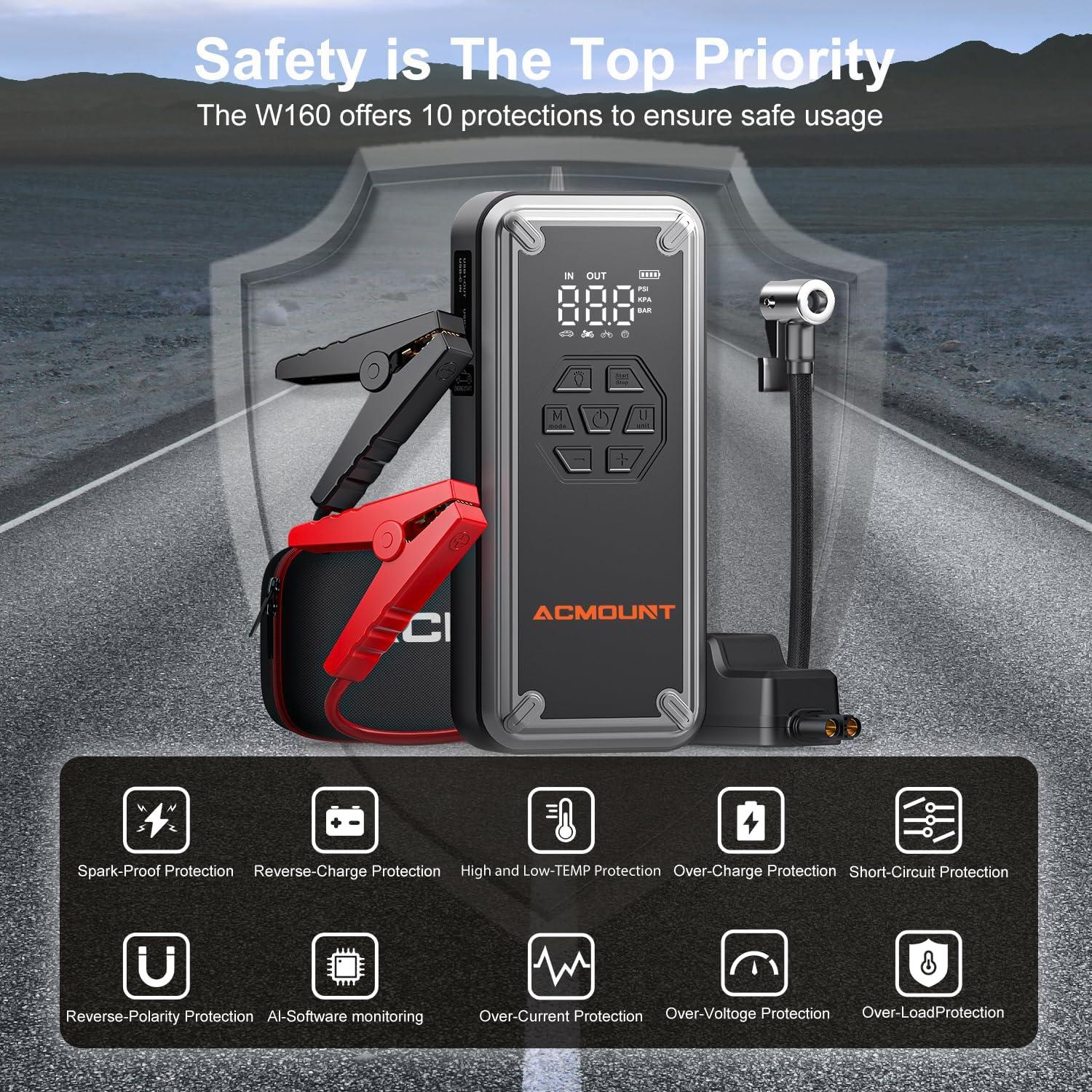 Acmount W160 Jump Starter with Air Compressor, 5000A Portable Car Jump Starter 150PSI Tire Inflator/Air Pump, 12V Battery(Up to 9L Gas/8L Diesel Engine) Jump Pack