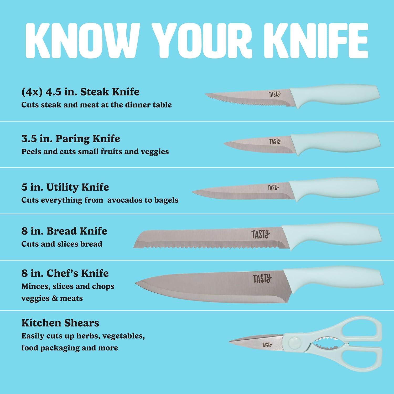 Tasty Kitchen Knife Set with Block, Cutlery Set includes Chef, Bread, Utility, Paring, Steak Knives & Shears, 10-Piece, Aqua